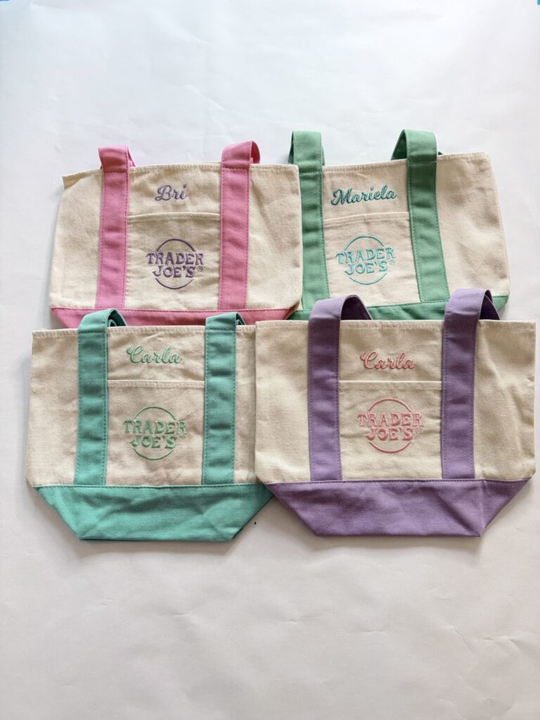 Trader Joe's pastel mini totes custom embroidered with names