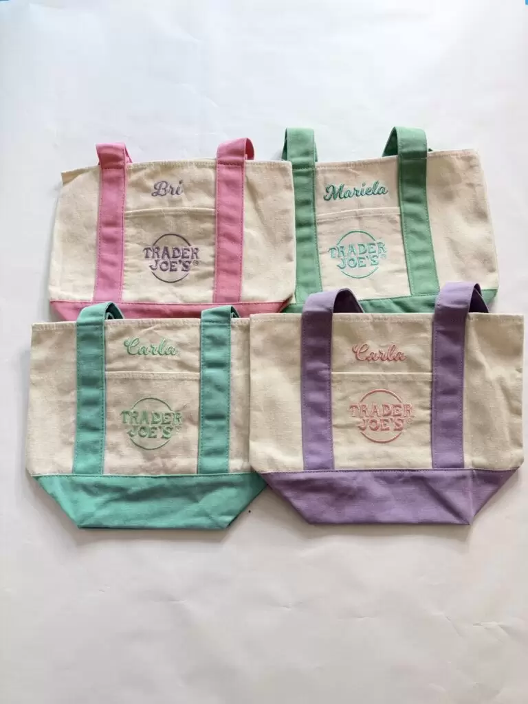 Trader Joe's pastel mini totes custom embroidered with names